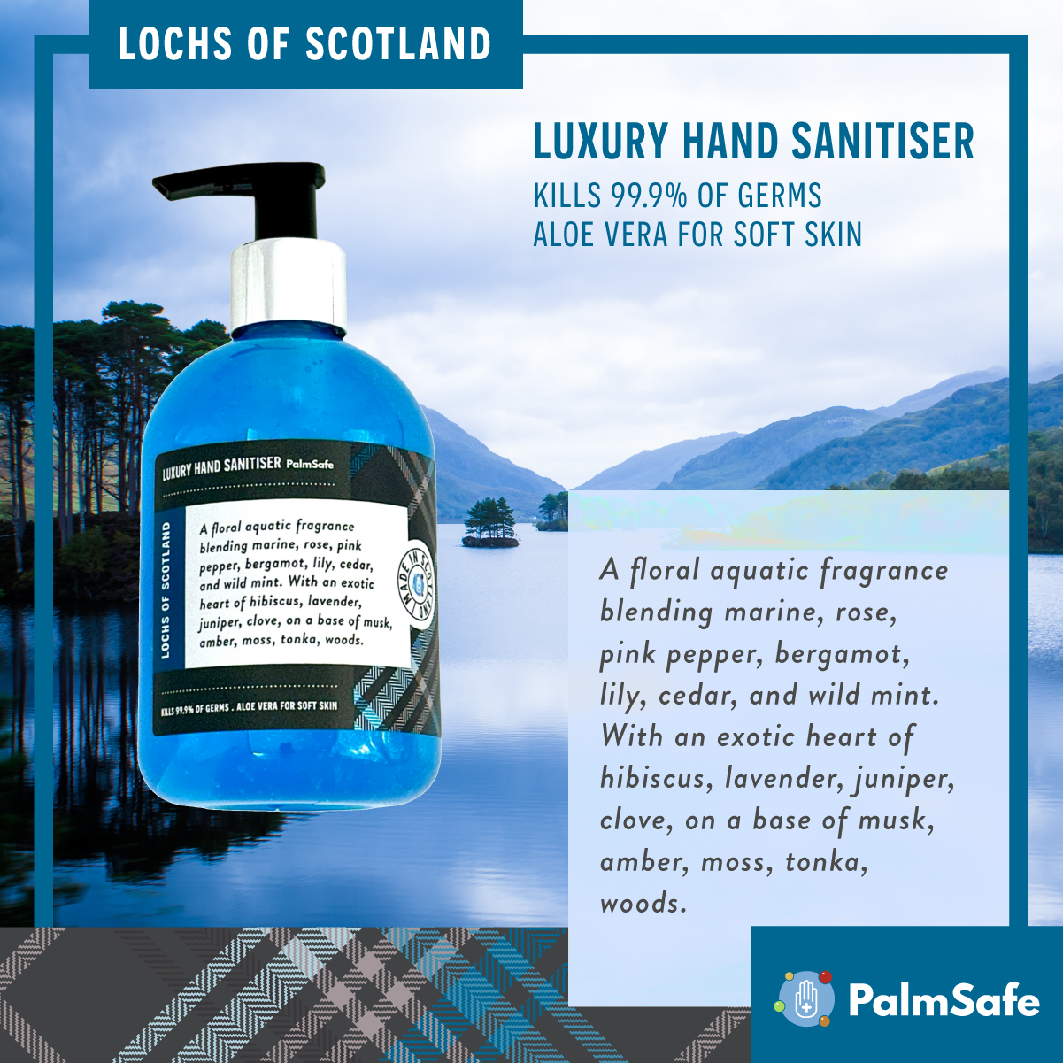 Palm Safe Luxury Hand Sanitiser Lochs of Scotland Scent